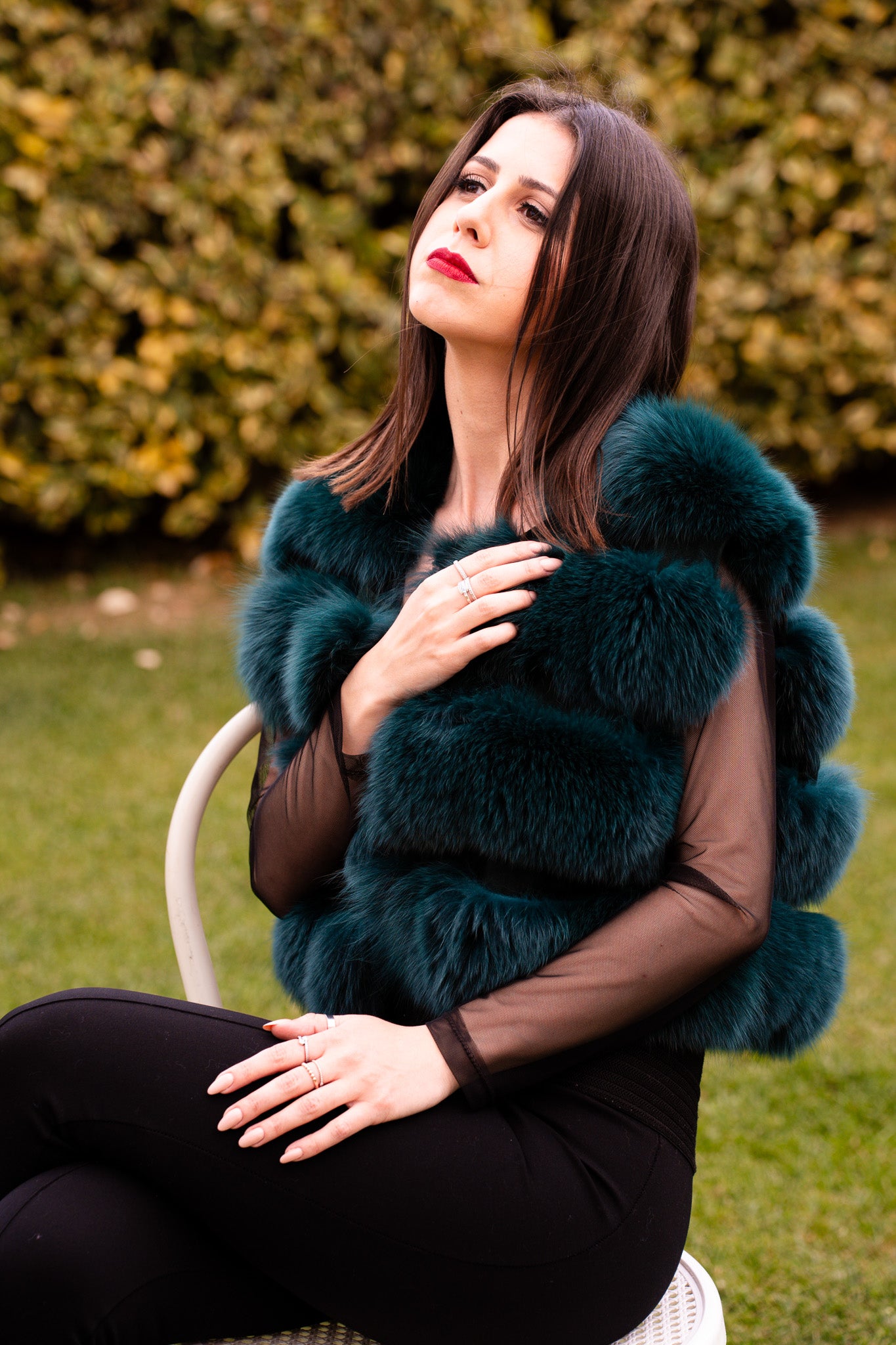 Gilet corto di volpe verde petrolio - Pellicceria Stephanie